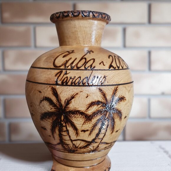 Vintage 2003 Cuba Varadero Wood Vase | Burned Palm Tree Art | Carved Souvenir - Picture 2 of 8